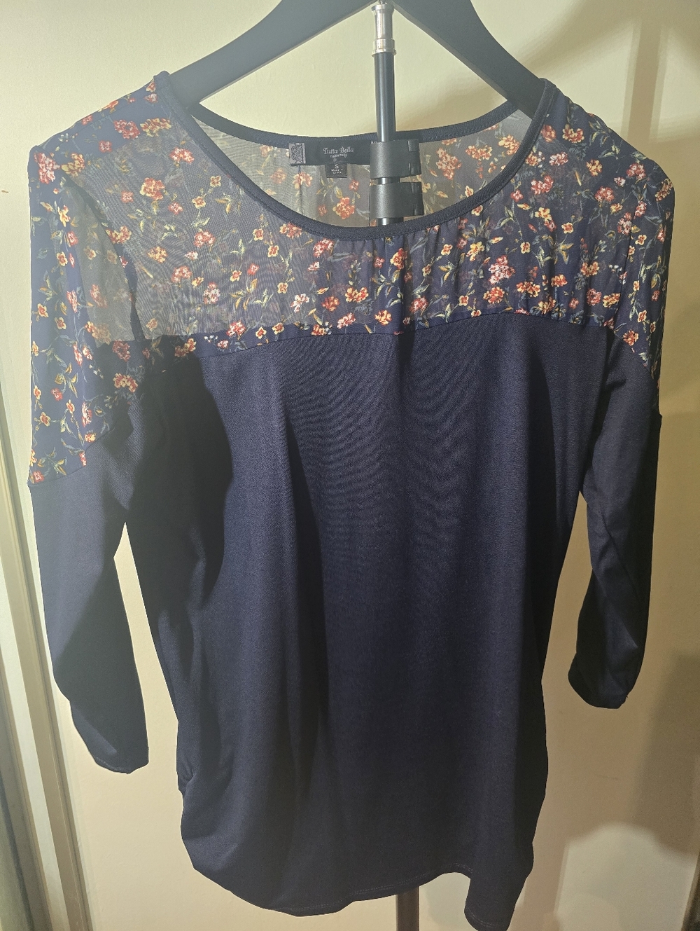Tutta Bella Navy Long Sleeve Top with Floral Mesh Yoke